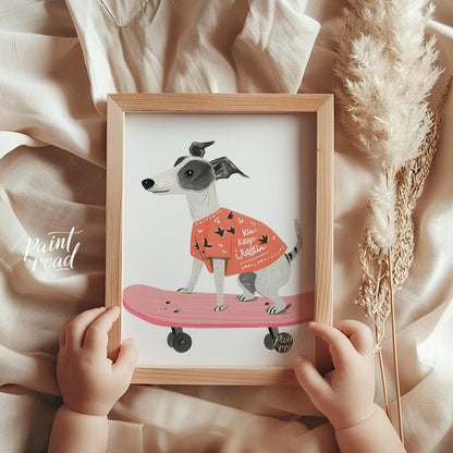 This vibrant and contemporary illustration captures the dynamic energy of a cool whippet or greyhou… for nursery