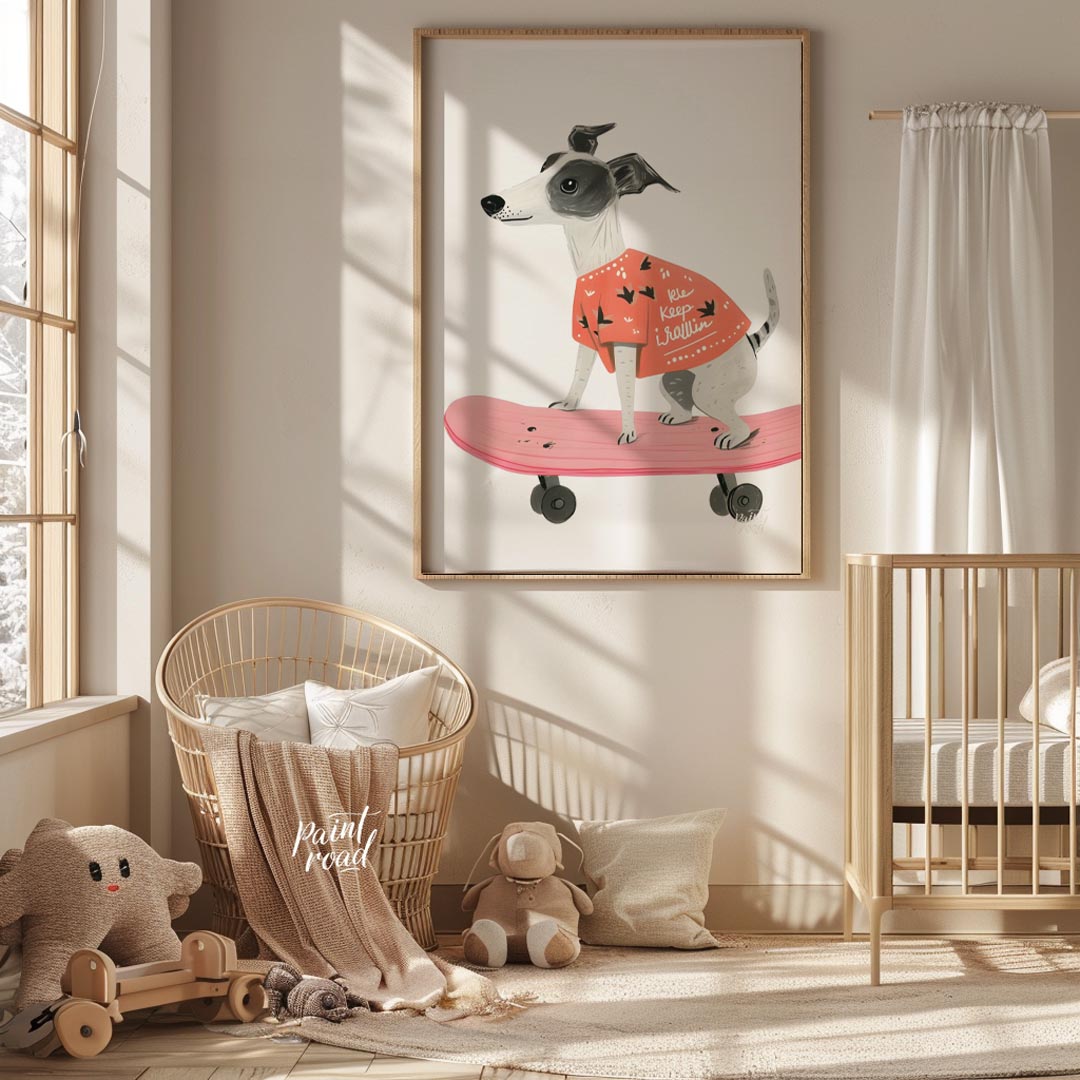 This vibrant and contemporary illustration captures the dynamic energy of a cool whippet or greyhou… for nursery