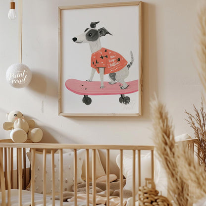 This vibrant and contemporary illustration captures the dynamic energy of a cool whippet or greyhou… for nursery