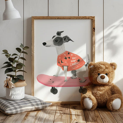 This vibrant and contemporary illustration captures the dynamic energy of a cool whippet or greyhou… for nursery