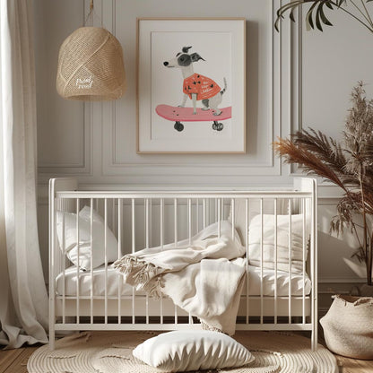 This vibrant and contemporary illustration captures the dynamic energy of a cool whippet or greyhou… for nursery