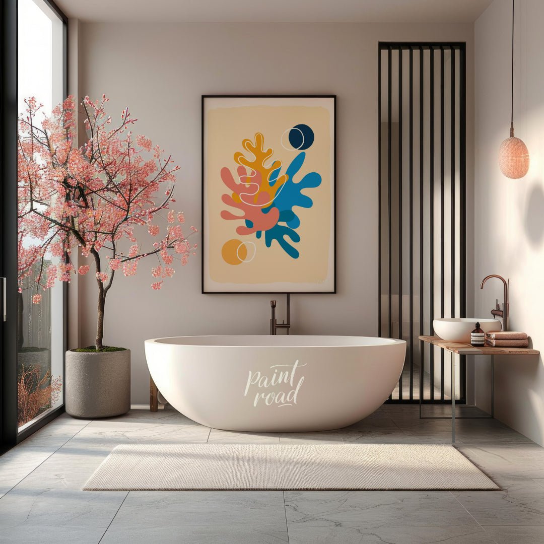 This vibrant digital illustration features abstract shapes reminiscent of coral or organic forms, r… for bathroom