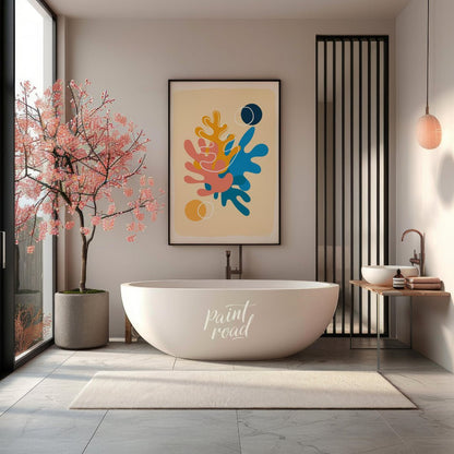 This vibrant digital illustration features abstract shapes reminiscent of coral or organic forms, r… for bathroom