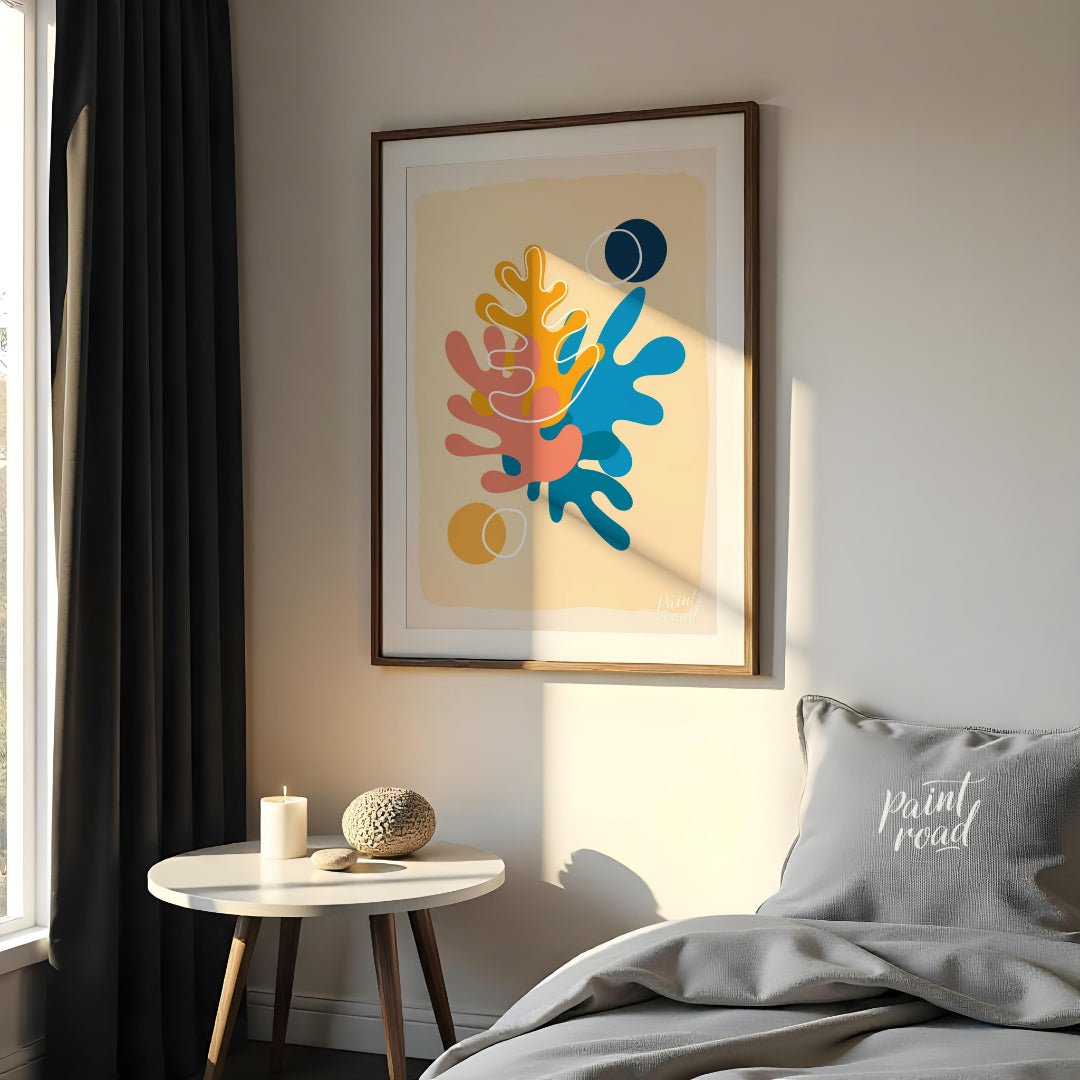 This vibrant digital illustration features abstract shapes reminiscent of coral or organic forms, r… for bedroom