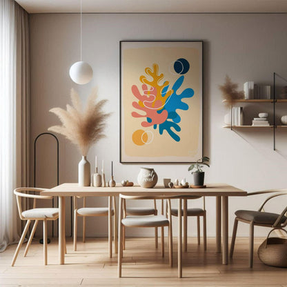 This vibrant digital illustration features abstract shapes reminiscent of coral or organic forms, r… for dining room
