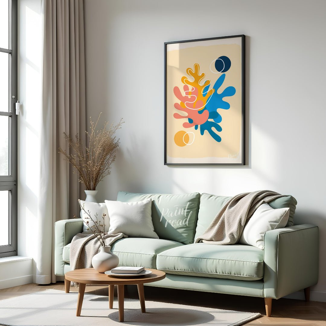 This vibrant digital illustration features abstract shapes reminiscent of coral or organic forms, r… for living room