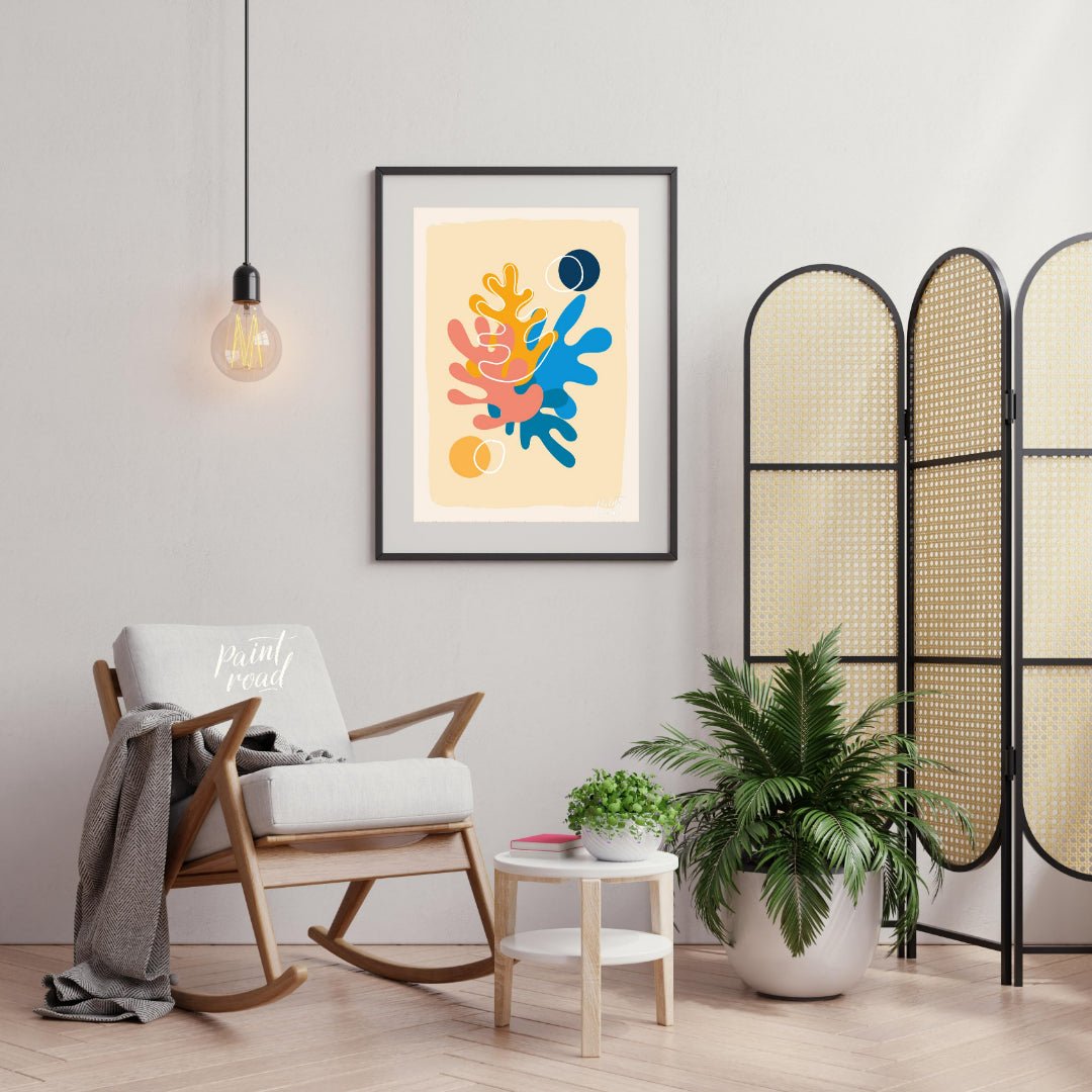 This vibrant digital illustration features abstract shapes reminiscent of coral or organic forms, r… for living room
