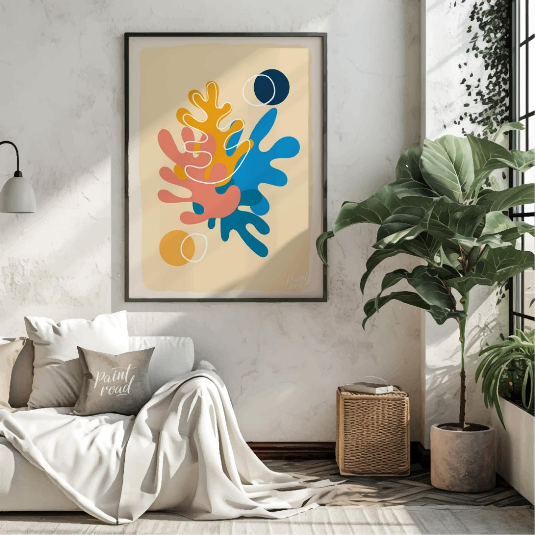 This vibrant digital illustration features abstract shapes reminiscent of coral or organic forms, r… for living room