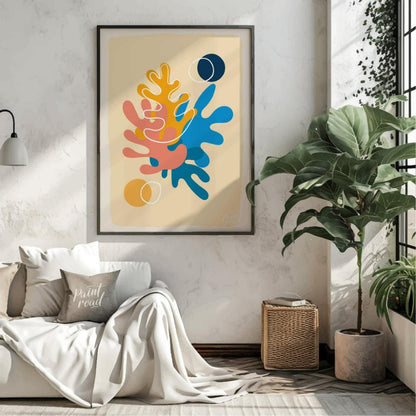 This vibrant digital illustration features abstract shapes reminiscent of coral or organic forms, r… for living room