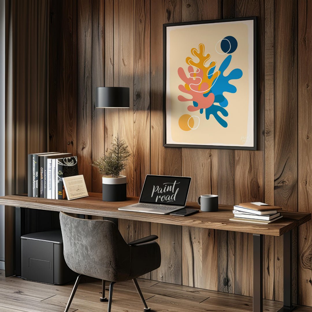 This vibrant digital illustration features abstract shapes reminiscent of coral or organic forms, r… for office