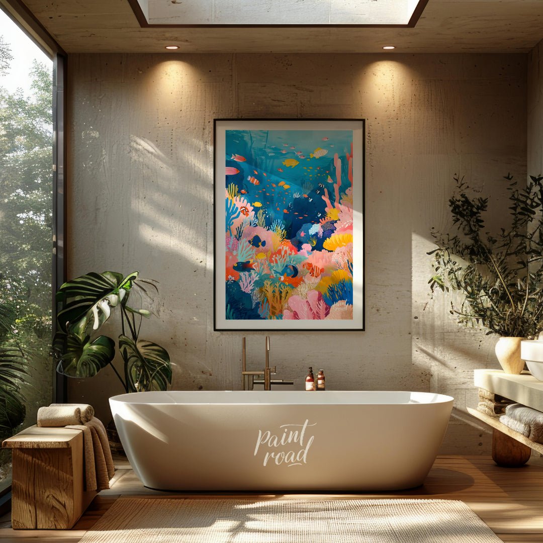 This vibrant illustration captures the bustling life of a coral reef in a kaleidoscope of colors. S… for bathroom