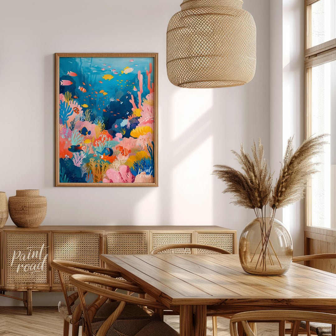 This vibrant illustration captures the bustling life of a coral reef in a kaleidoscope of colors. S… for dining room
