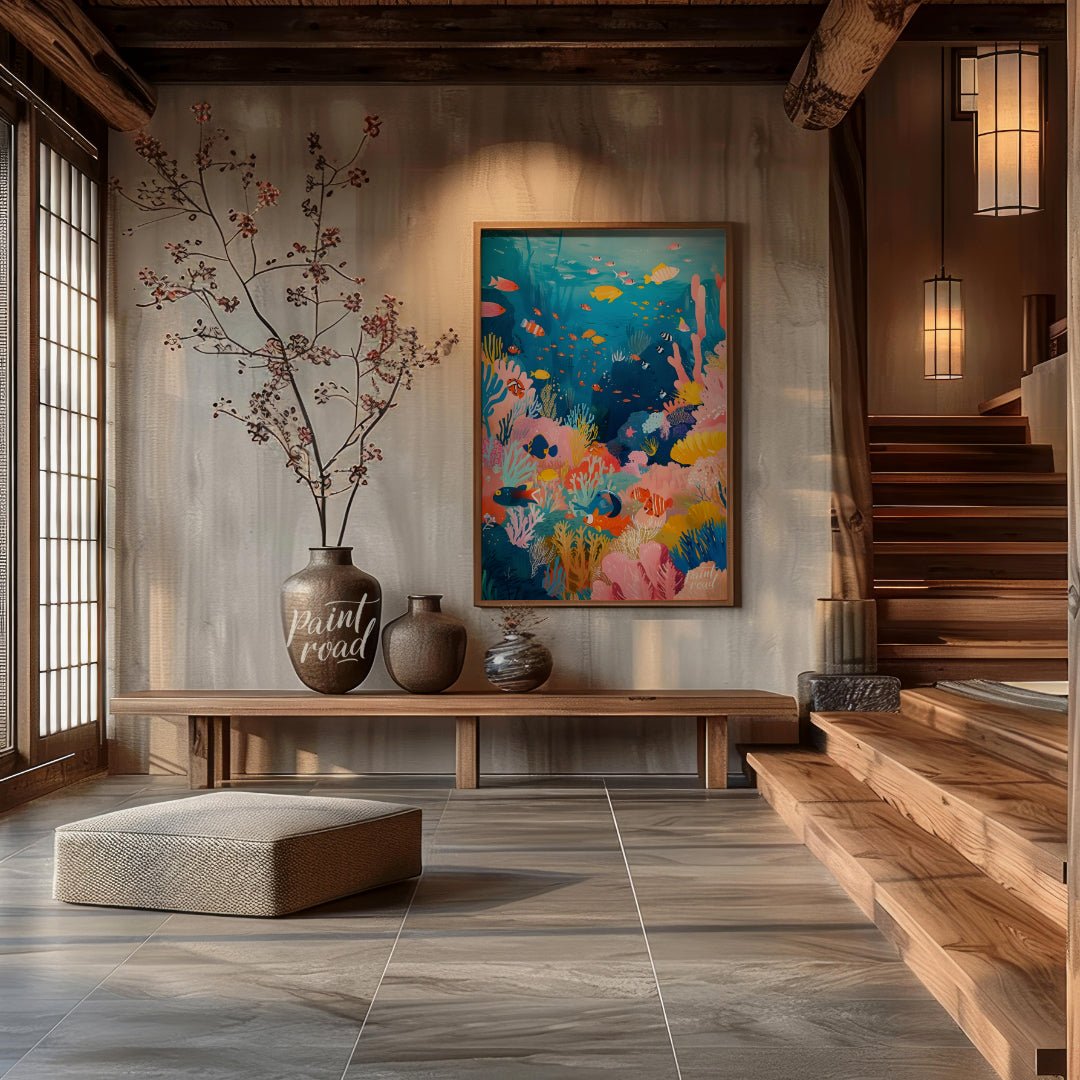 This vibrant illustration captures the bustling life of a coral reef in a kaleidoscope of colors. S… for entryway