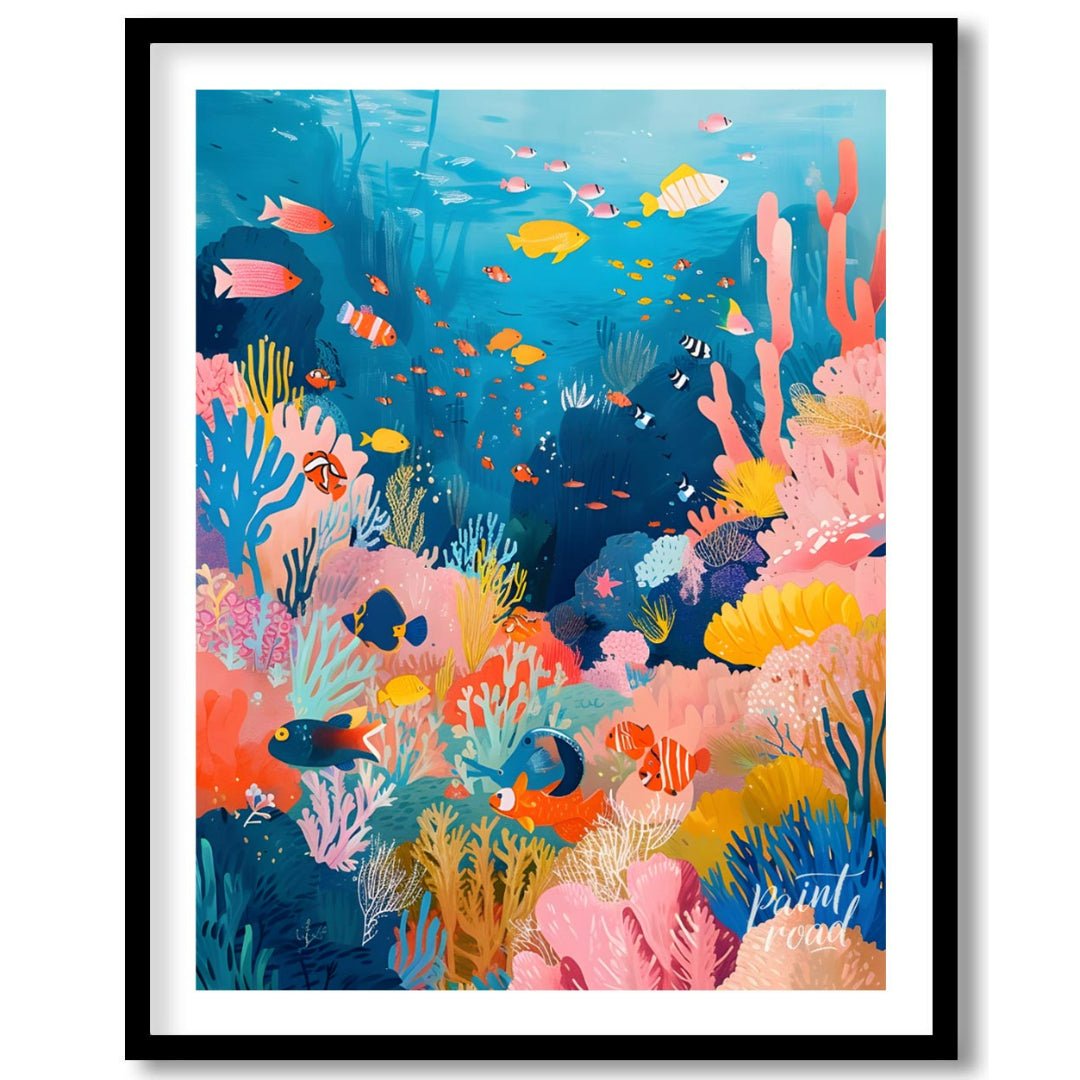 This vibrant illustration captures the bustling life of a coral reef in a kaleidoscope of colors. S… for home