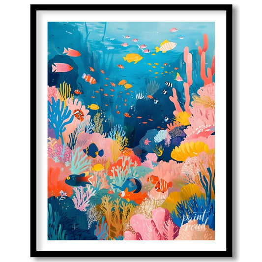 This vibrant illustration captures the bustling life of a coral reef in a kaleidoscope of colors. S… for home