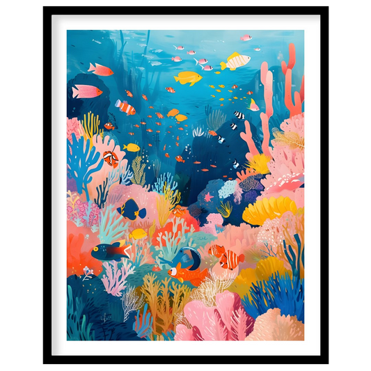 This vibrant illustration captures the bustling life of a coral reef in a kaleidoscope of colors. S… for home