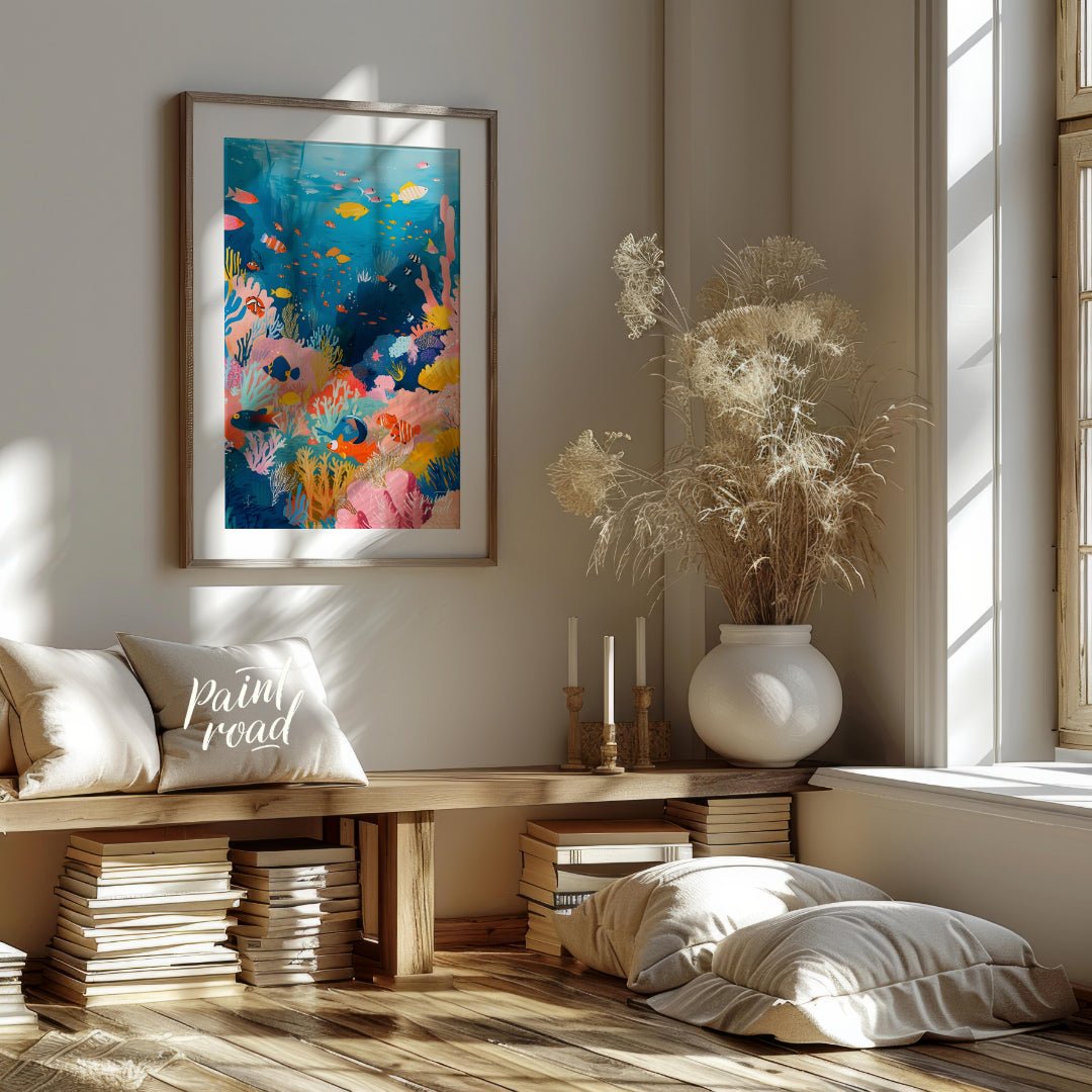 This vibrant illustration captures the bustling life of a coral reef in a kaleidoscope of colors. S… for living room