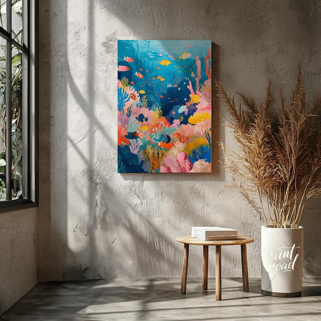 This vibrant illustration captures the bustling life of a coral reef in a kaleidoscope of colors. S… for living room