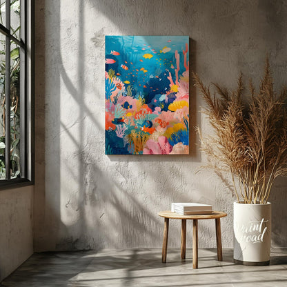 This vibrant illustration captures the bustling life of a coral reef in a kaleidoscope of colors. S… for living room