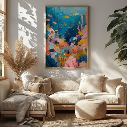 This vibrant illustration captures the bustling life of a coral reef in a kaleidoscope of colors. S… for living room