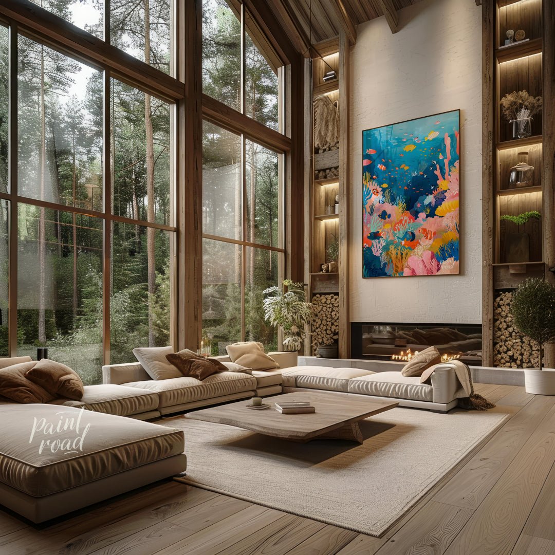 This vibrant illustration captures the bustling life of a coral reef in a kaleidoscope of colors. S… for living room