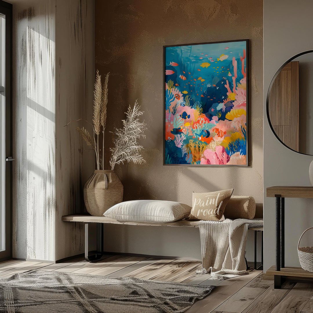 This vibrant illustration captures the bustling life of a coral reef in a kaleidoscope of colors. S… for living room