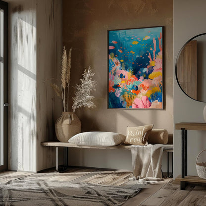 This vibrant illustration captures the bustling life of a coral reef in a kaleidoscope of colors. S… for living room