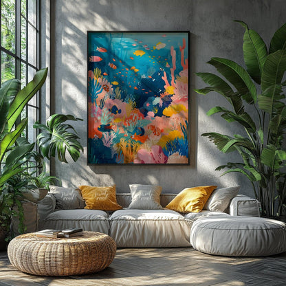This vibrant illustration captures the bustling life of a coral reef in a kaleidoscope of colors. S… for living room