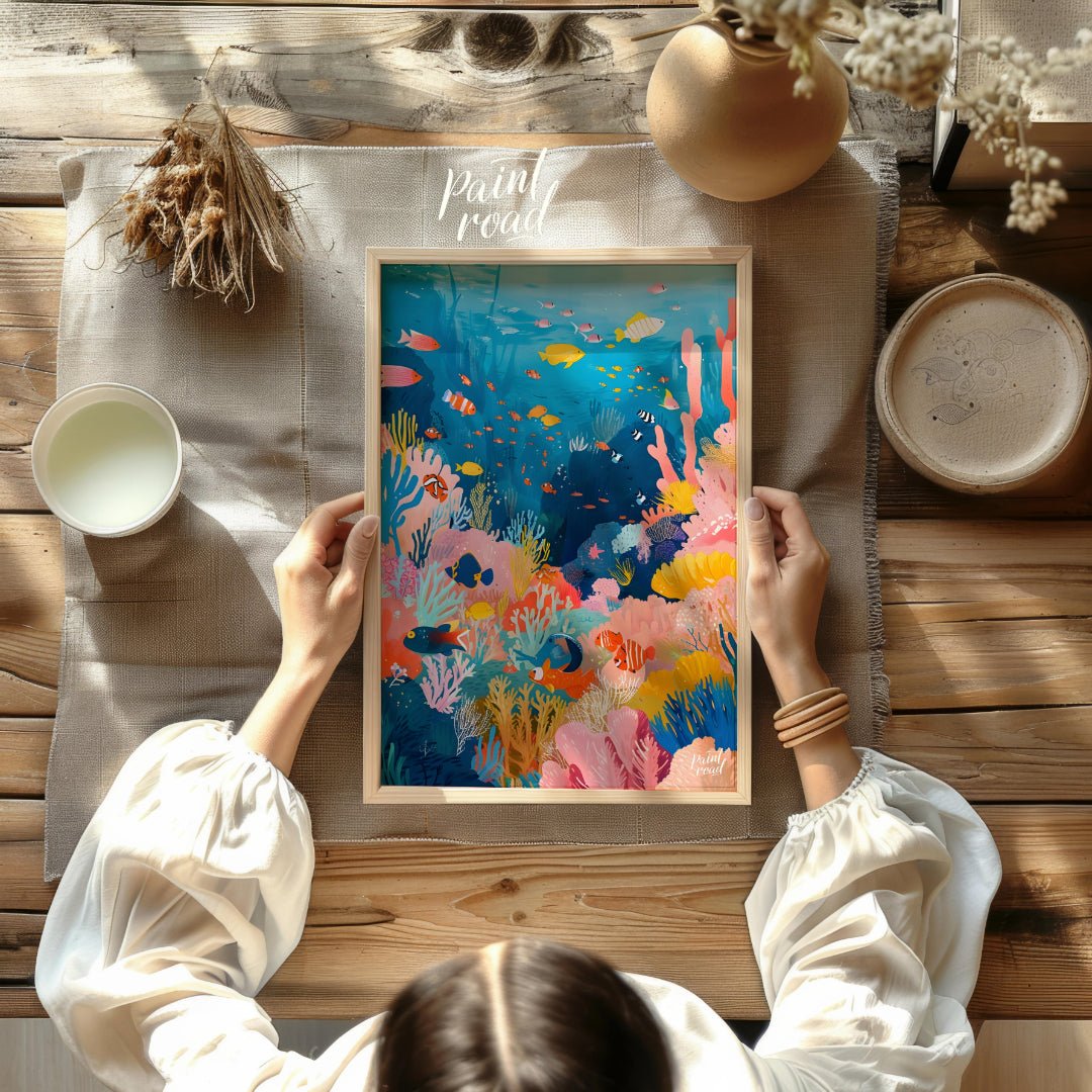 This vibrant illustration captures the bustling life of a coral reef in a kaleidoscope of colors. S… for other