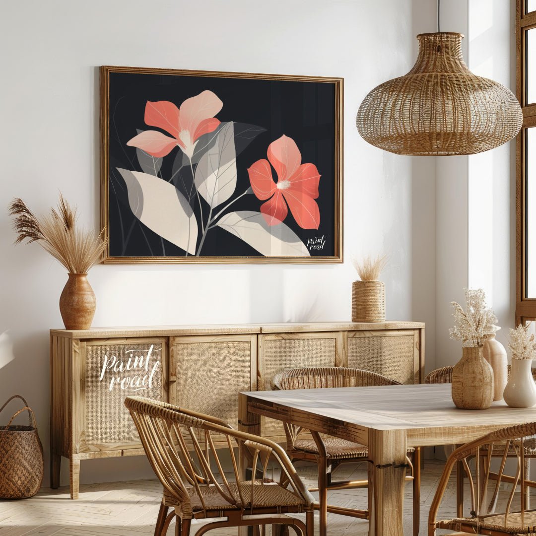 This elegant digital illustration features two coral-toned flowers with delicate petals, set agains… for dining room