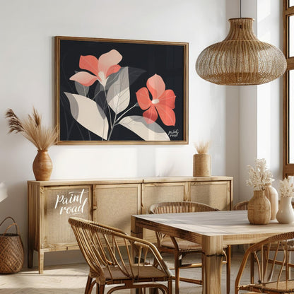 This elegant digital illustration features two coral-toned flowers with delicate petals, set agains… for dining room