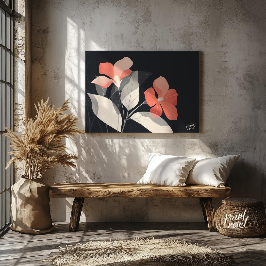 This elegant digital illustration features two coral-toned flowers with delicate petals, set agains… for entryway