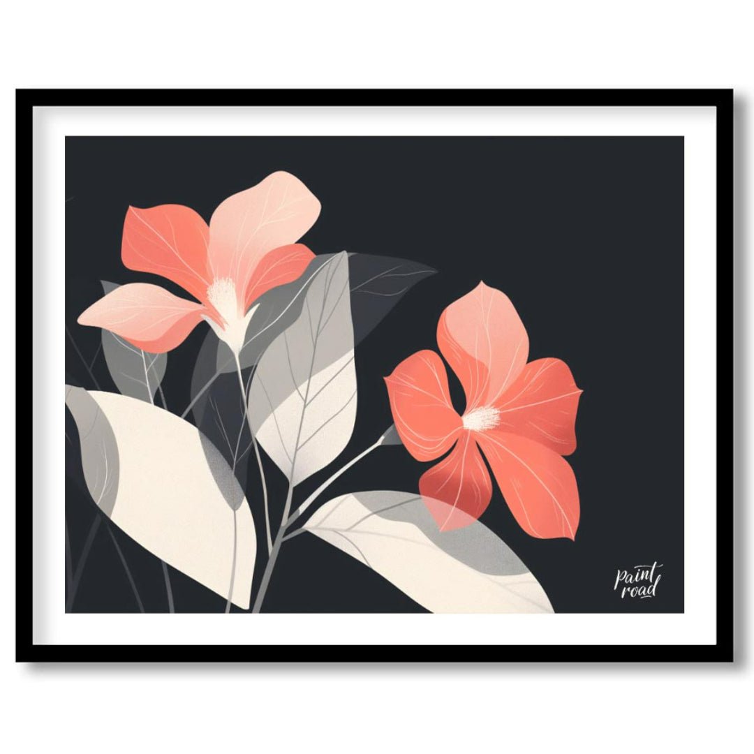 This elegant digital illustration features two coral-toned flowers with delicate petals, set agains… for house