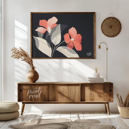 This elegant digital illustration features two coral-toned flowers with delicate petals, set agains… for living room