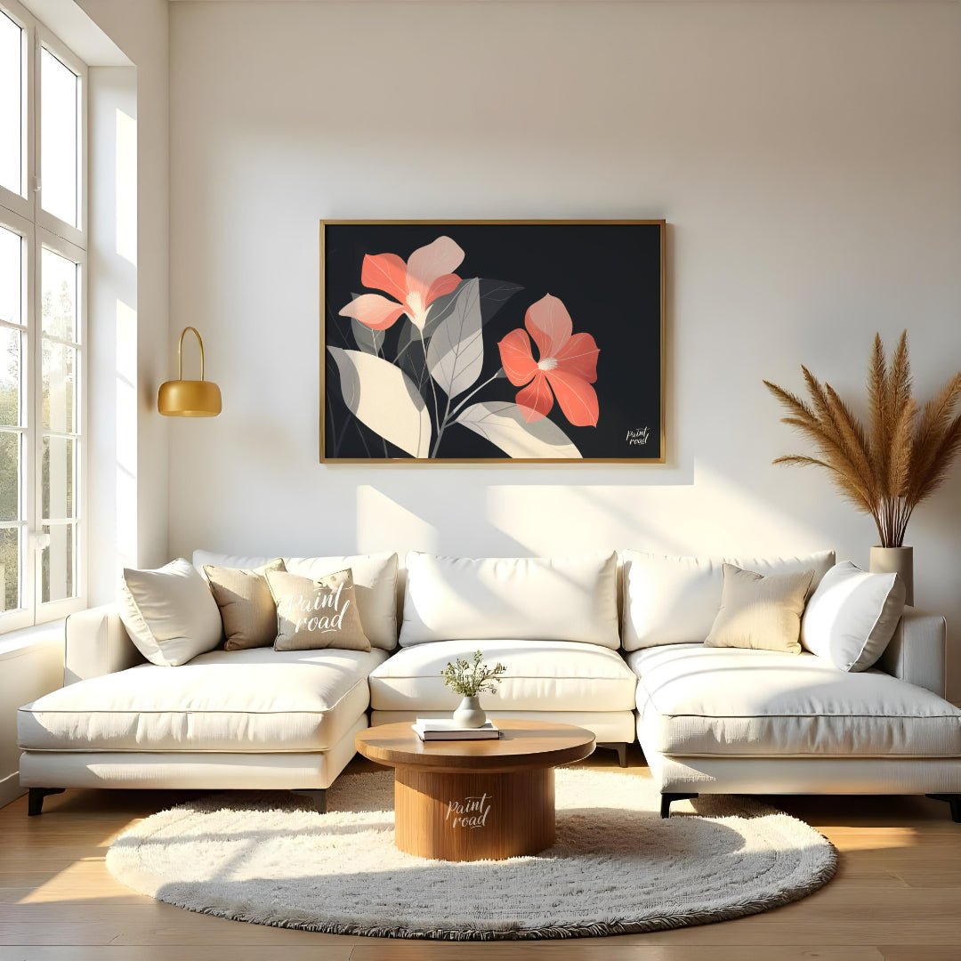 This elegant digital illustration features two coral-toned flowers with delicate petals, set agains… for living room