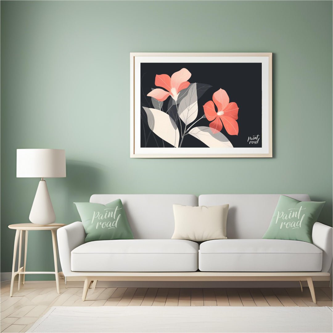 This elegant digital illustration features two coral-toned flowers with delicate petals, set agains… for living room