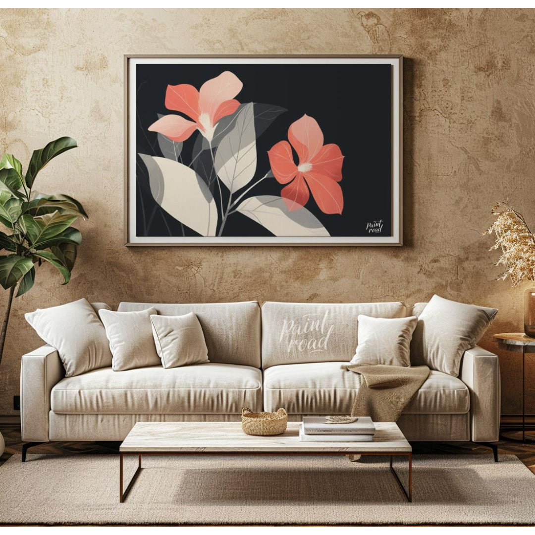 This elegant digital illustration features two coral-toned flowers with delicate petals, set agains… for living room