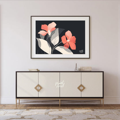 This elegant digital illustration features two coral-toned flowers with delicate petals, set agains… for living room