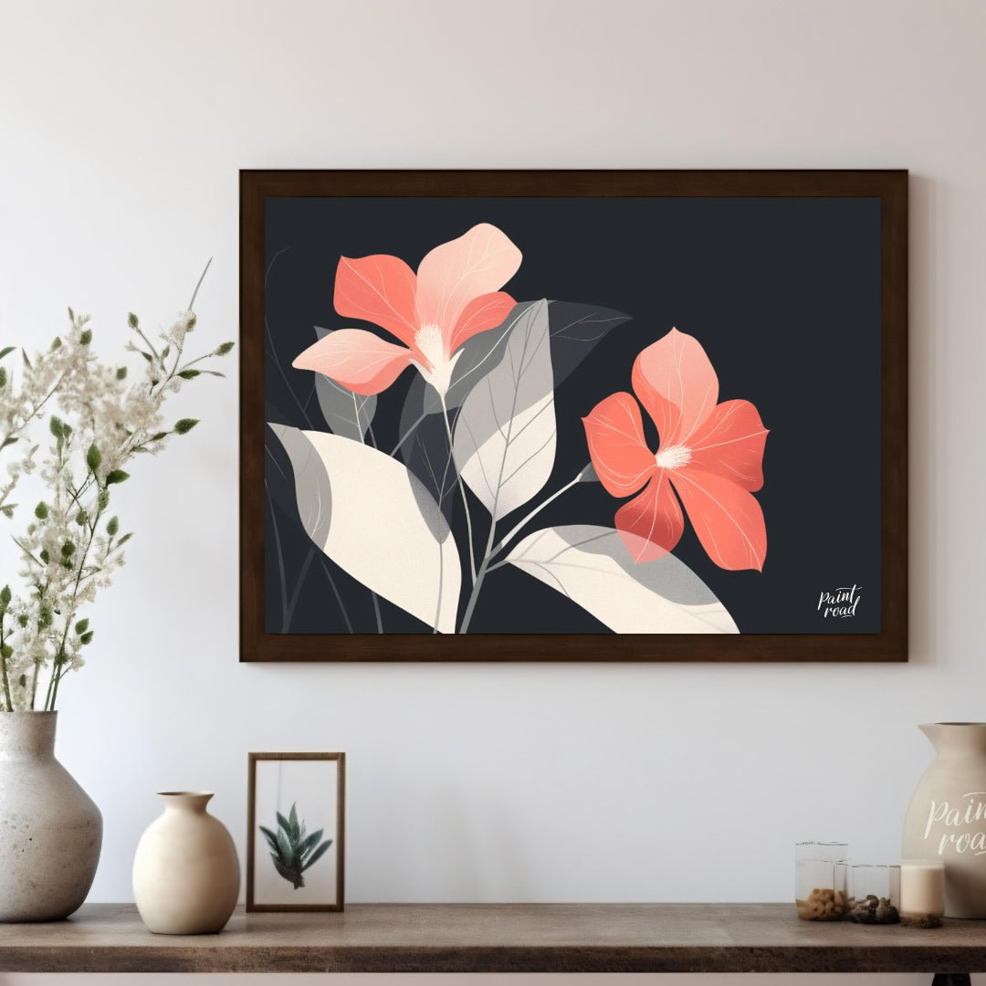 This elegant digital illustration features two coral-toned flowers with delicate petals, set agains… for living room