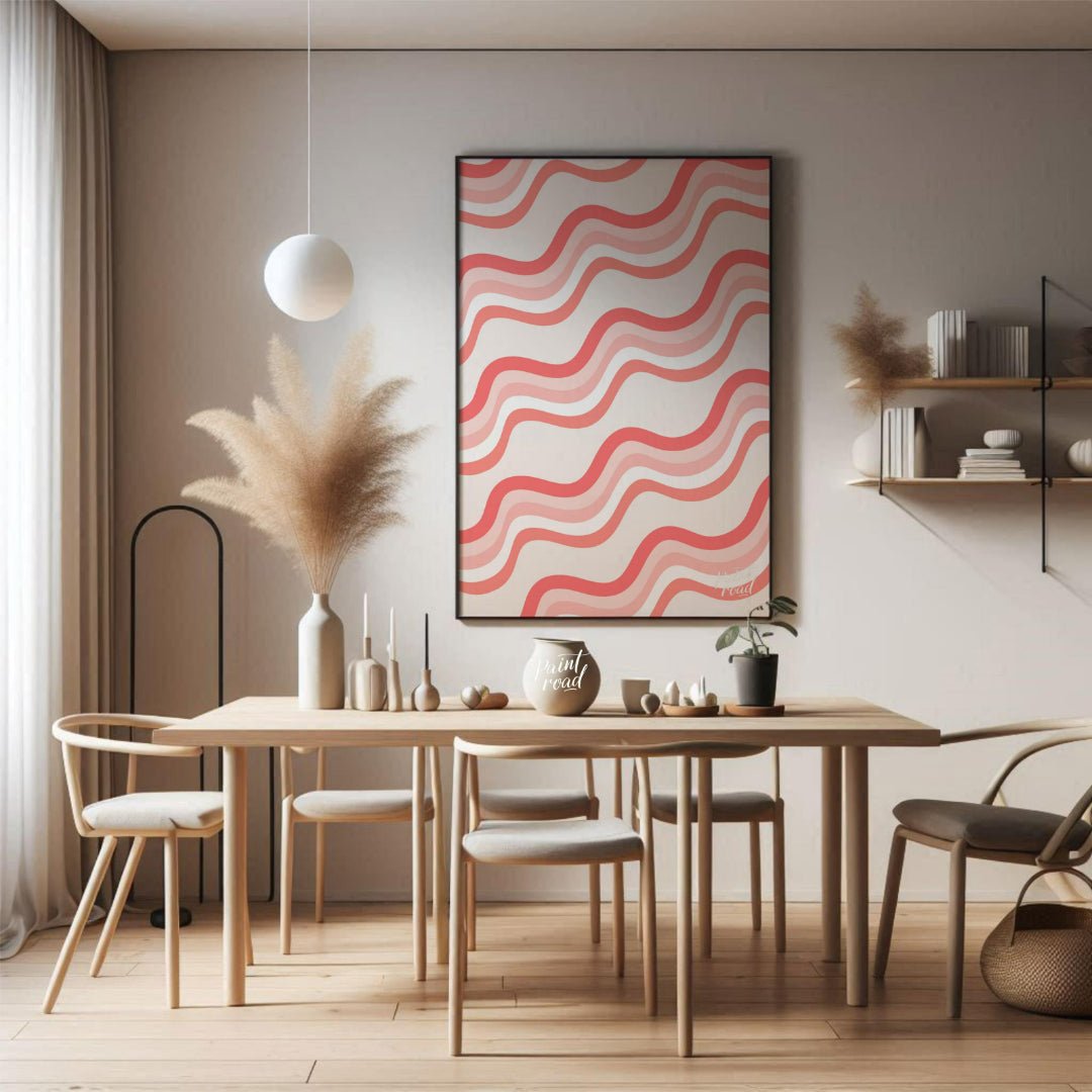 This abstract digital pattern features a series of undulating waves in varying shades of coral and … for dining room