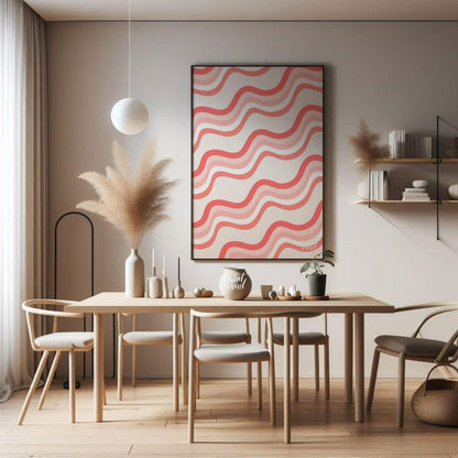 This abstract digital pattern features a series of undulating waves in varying shades of coral and … for dining room