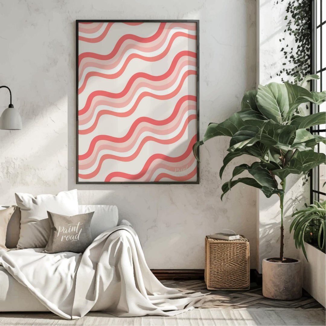This abstract digital pattern features a series of undulating waves in varying shades of coral and … for living room