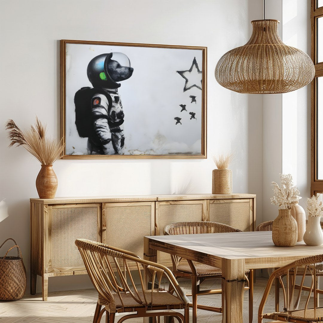 Explore the realms of imagination with this striking street art piece depicting an astronaut dog for Dining