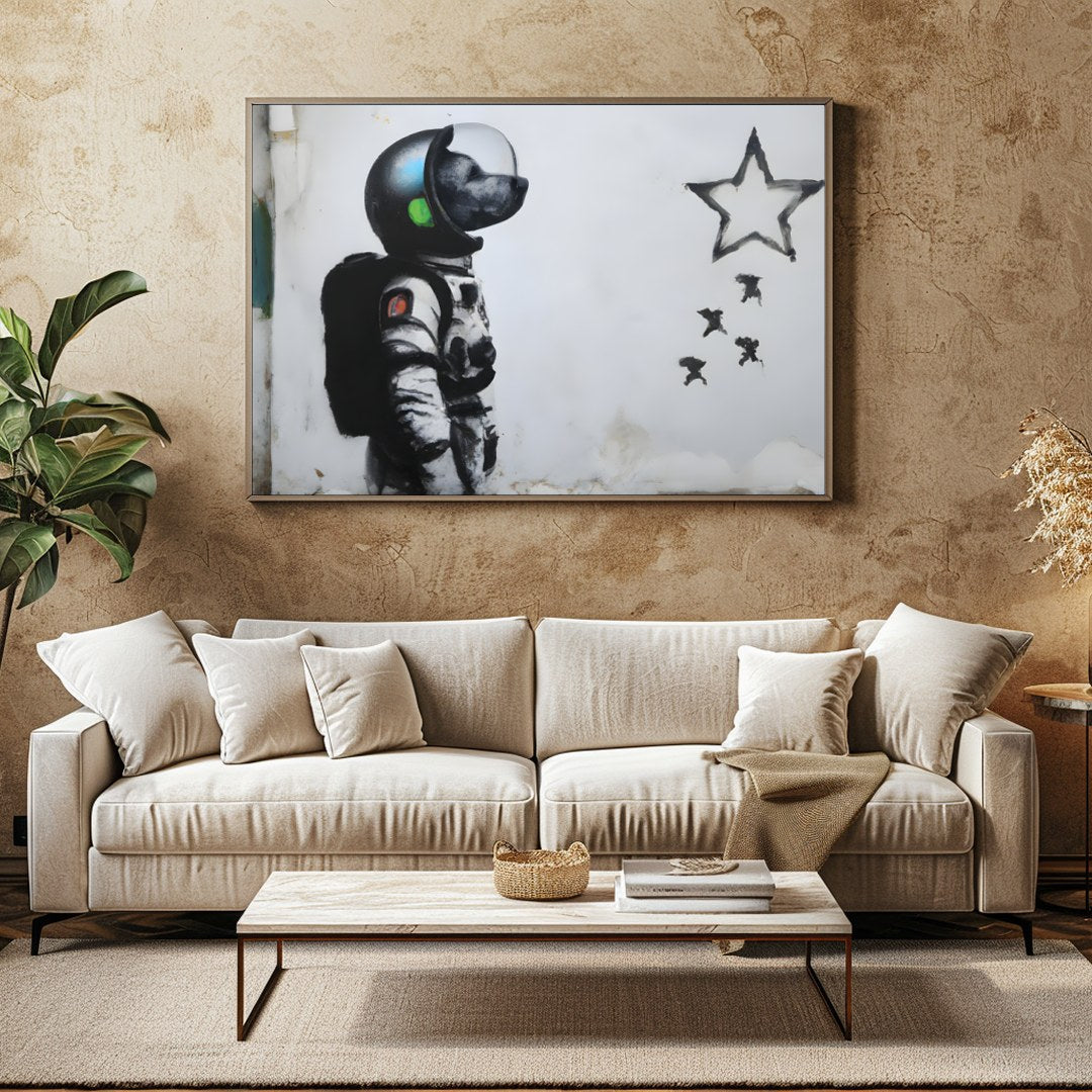 Explore the realms of imagination with this striking street art piece depicting an astronaut dog for Family Room
