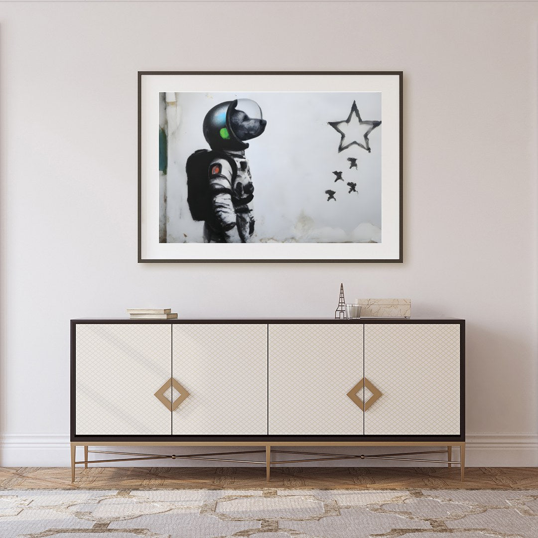 Explore the realms of imagination with this striking street art piece depicting an astronaut dog for Foyer