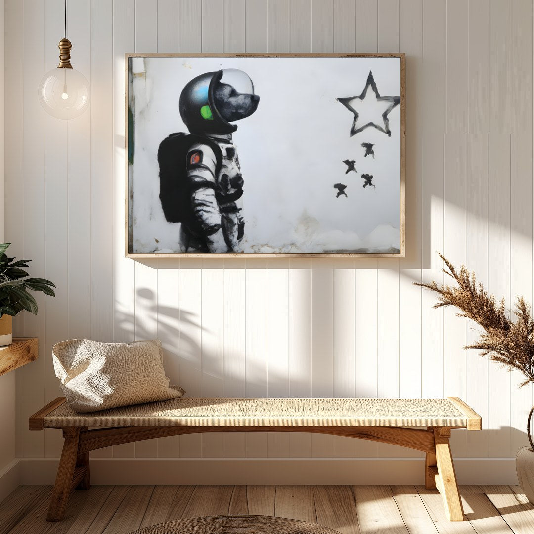 Explore the realms of imagination with this striking street art piece depicting an astronaut dog for Hallway