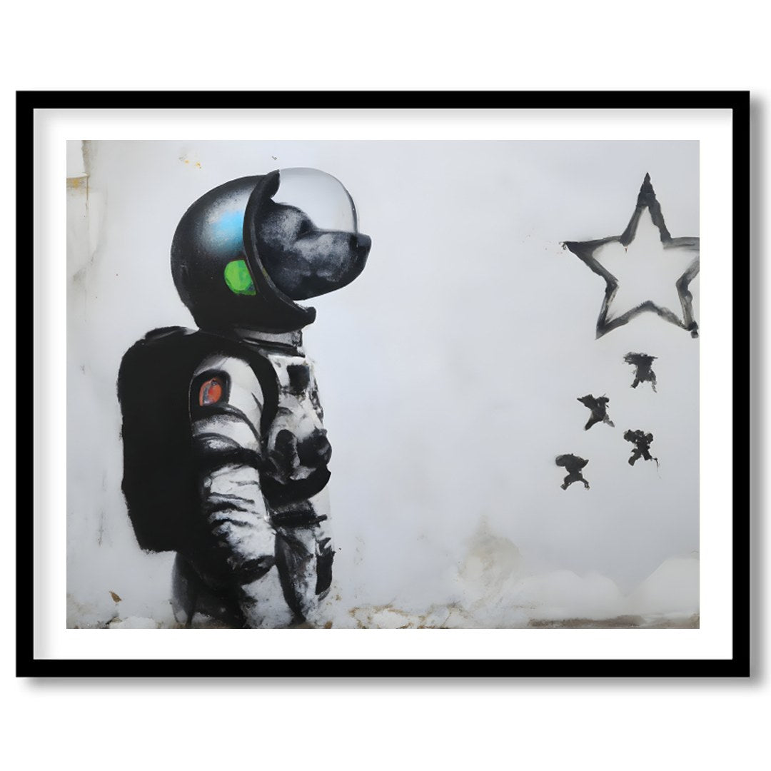 Explore the realms of imagination with this striking street art piece depicting an astronaut dog for house