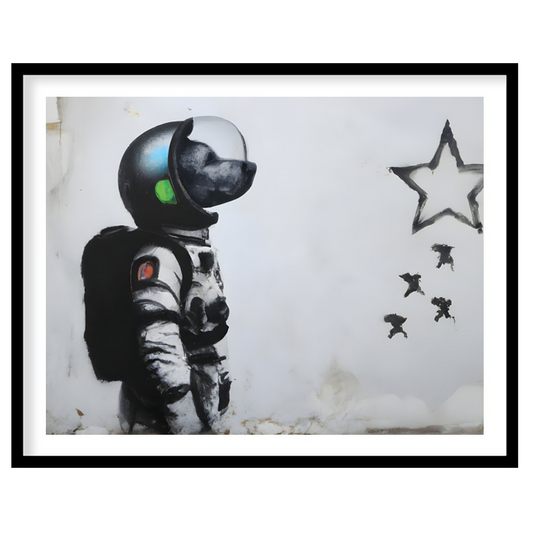 Explore the realms of imagination with this striking street art piece depicting an astronaut dog for house