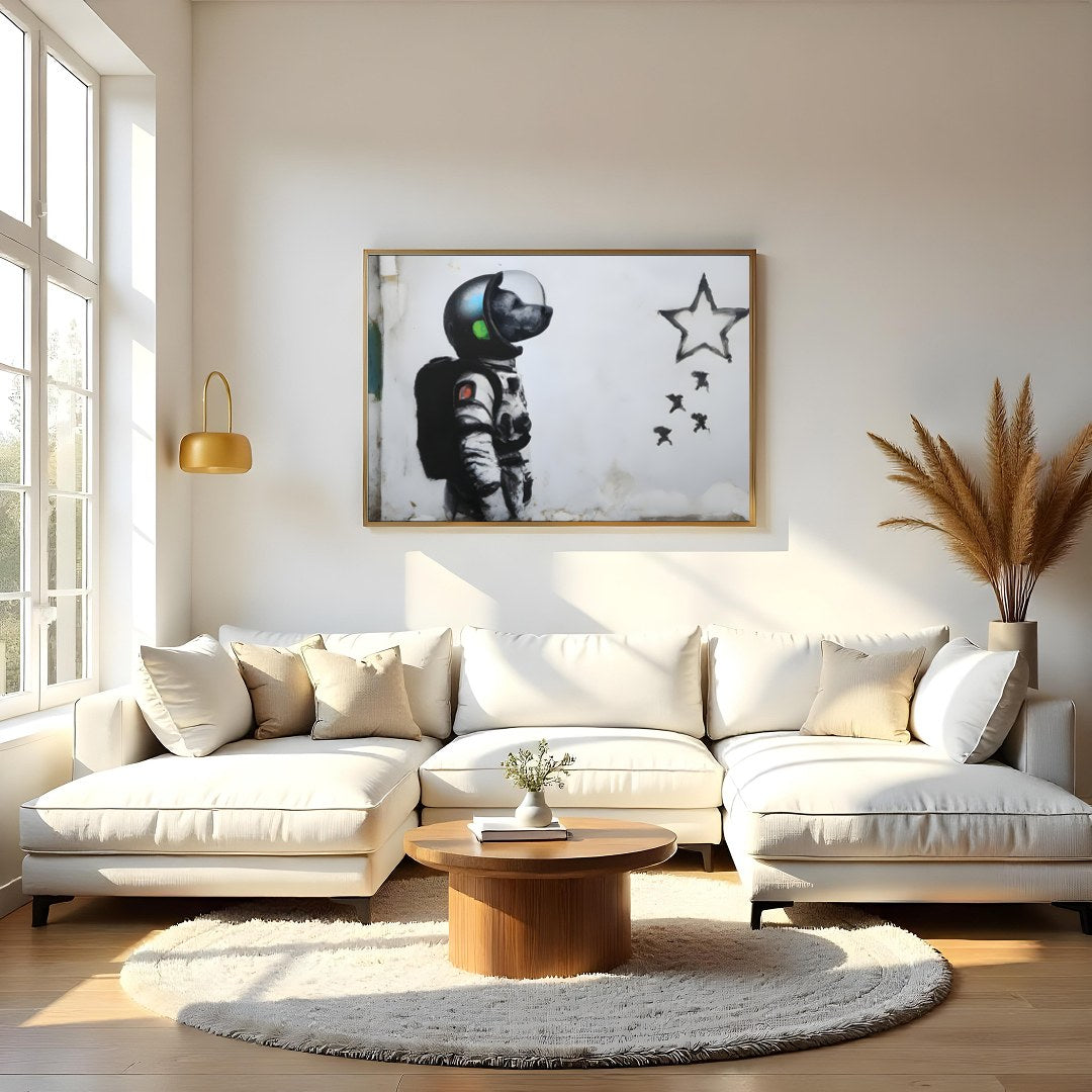 Explore the realms of imagination with this striking street art piece depicting an astronaut dog for Living Room
