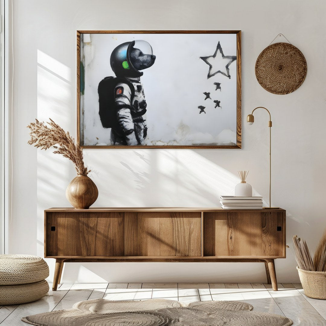 Explore the realms of imagination with this striking street art piece depicting an astronaut dog for Sitting Area